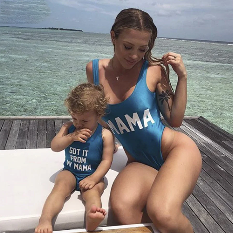 

New Kid One-piece Swimsuit Parent-Child Swimwear Kids Got it from My Mama Printed Swimsuit Girls' One Piece Swimsuits Children