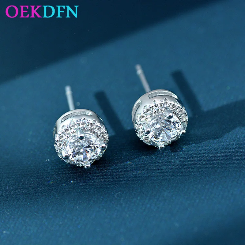 

OEKDFN Luxury Real 925 Sterling Silver Created 6.5mm Round High Carbon Diamond Women's Stud Earrings Wedding Party Fine Jewelry