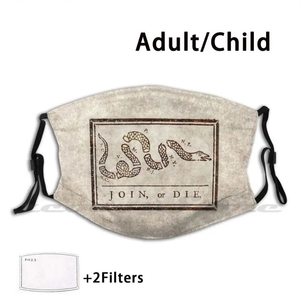 

Join Or Die , Benjamin Franklin's Historical Warning Mask Cloth Washable DIY Filter Pm2.5 Adult Kids 18th America American