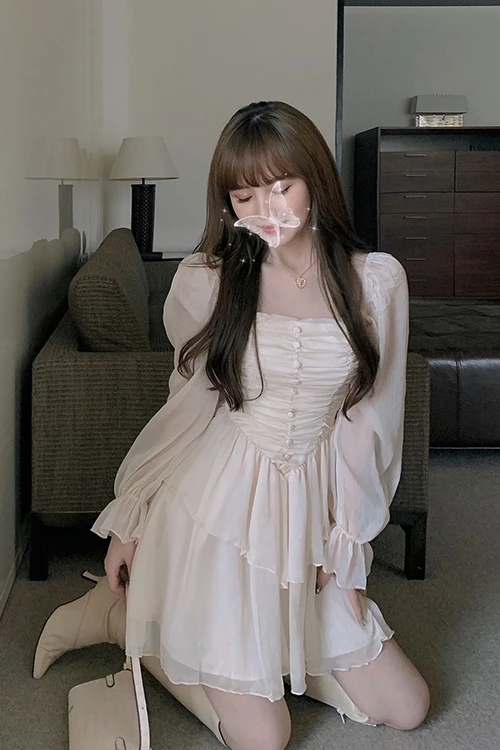 

2021 Spring New Elegant Slimming Chiffon Long Sleeve Dress Goddess Style Ruffled Pleated Dress Square Collar High Waist Dress
