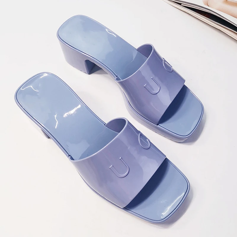 

Luxury brand ladies jelly sandals fashion high heel patent leather candy color slippers casual lazy shoes size 36-41