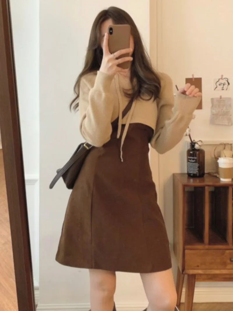 

Women Cute Hoodie Slip Dress + Short Sweater Korea Style Plus Size Woman Sets Khaki Blue Vintage Dresses Hoodie Sweater Clothes
