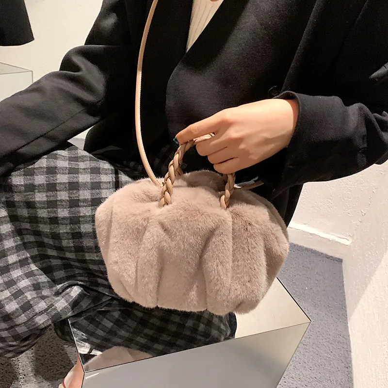 RIGHTSIDE Rope Handle Faux Fur Small Totes for Women Winter Designer Crossbody Bags Travel Branded Trendy Shoulder Handbag