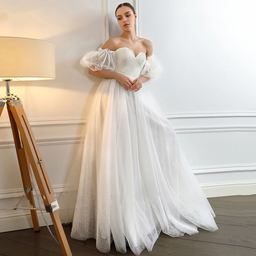

11588#Bohemian Sweetheart Floor Length A-Line Puff Sleeve Shiny Lace Backless Corset Wedding Dress Wedding Gown Bridal Gown