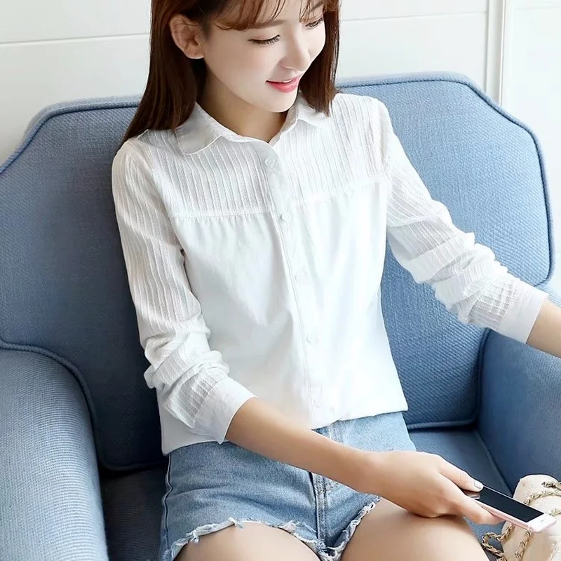 Летние женские белые рубашки из 100% хлопка с длинным рукавом в полоску стильные