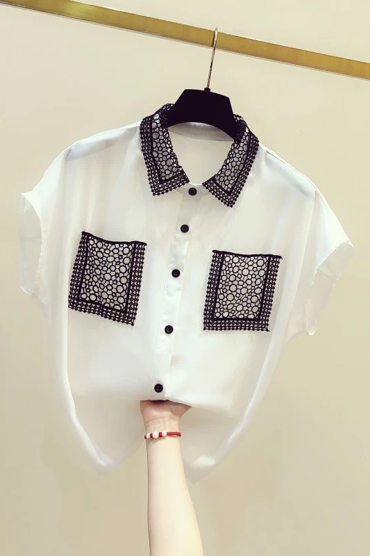 

New Korea-style Summer Short Sleeve Women Blouses Color Block Patchwork Pockets Single Breasted Turn Down Collar Female Shirts