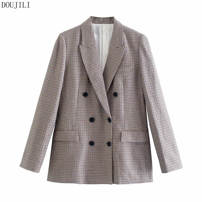 

DOUJILI 2021 Women Plaid Suit Blazer Notched Collar Pocket Button Jacket Office Ladies Female Coat Blazer Tops