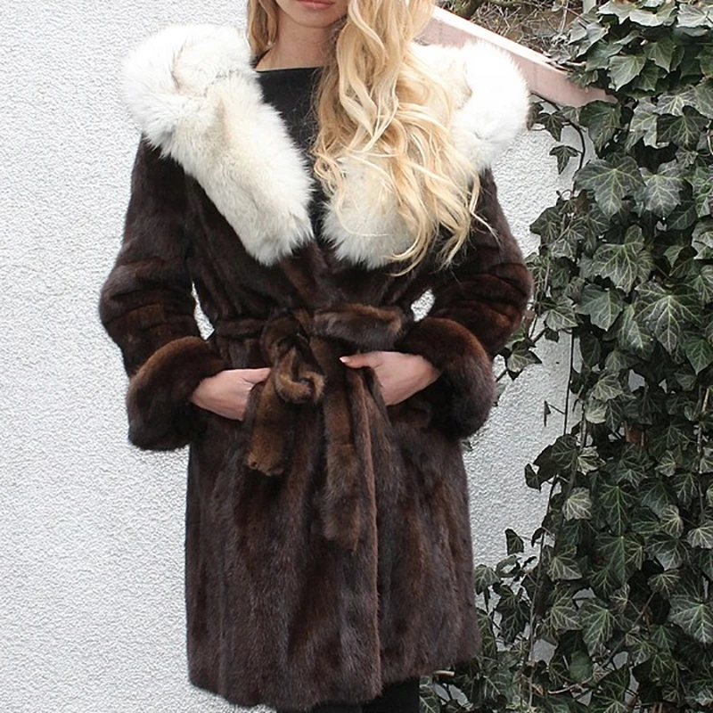 

Real Fur Coats Winter Women 2021 New 90cm Long Woman Genuine Mink Fur Coat With Fox Fur Hood Luxury Overcoats Natural Fur Coat