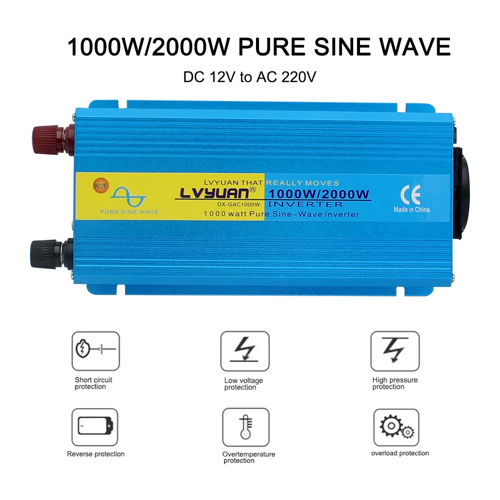 $56.99 2000W Pure Sine Wave Inverter DC 12V/24V to AC 220V 230V Voltage Transfer Converter Charging Adapter EU Socket Auto Accessories