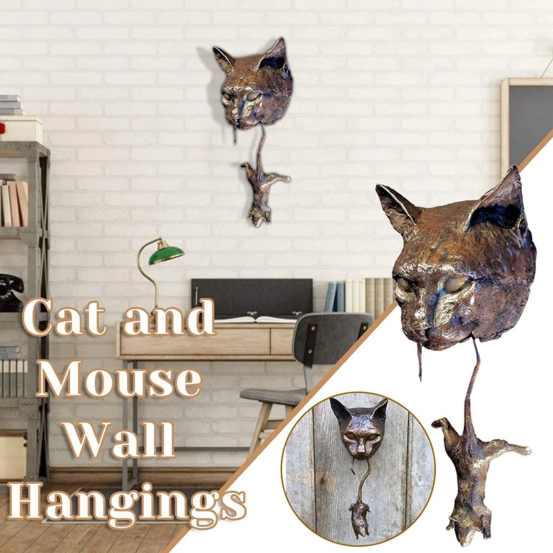 

Cat and Mouse Door Knocker or Wall Resin Ornament Rusty Brown Cast Iron Pest Repellent Mouse Metal Statue Protect Plants