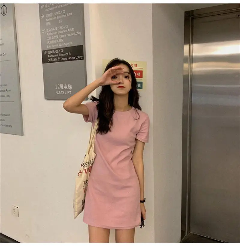 

Women Pullovers Casual Loose Solid Cotton T Shirt Dress O Neck Mini Dress Batwing Short Sleeve Basic Oversize Dresses Vestidos