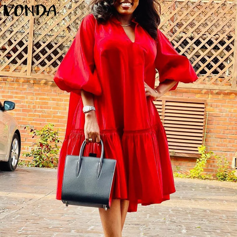 

VONDA 2022 Women Plus Size Lantern Sleeve Dress Sexy V Neck Solid Color Holiday Robes Bohemian Party Vestidos Loose Baggy Robes