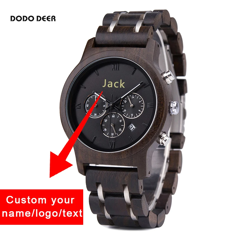 

Наручные часы мужские, деревянные, с логотипом на заказ, кварцевые, секундомер, показывают дату, часы мужские с гравировкой текста