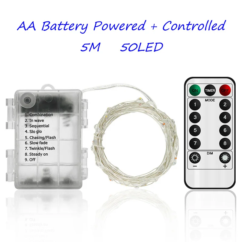 5M Battery 8Modes Светодиодный светильник-гирлянда с серебряной проволокой, теплая белая Гирлянда, украшение для дома, Рождества, свадьбы, вечеринки, питание от батареи, тесто, USB, 10 м - Испускаемый цвет: 5M Battery 8Modes