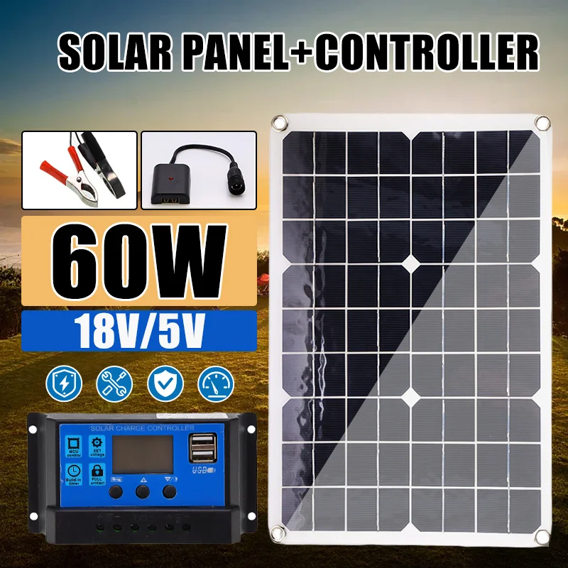 60 W 18V Solar Panel Ladung 12V 60 Watt Schwarz Wasserdicht Platten Solarzelle mit 10/20/30/40/50A Regler Controller Ect Für Hause