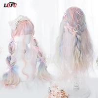 lupu synthetic lolita wigs for women cosplay pink purple blue white colored long natural wave hair cute fashion wig with bangs