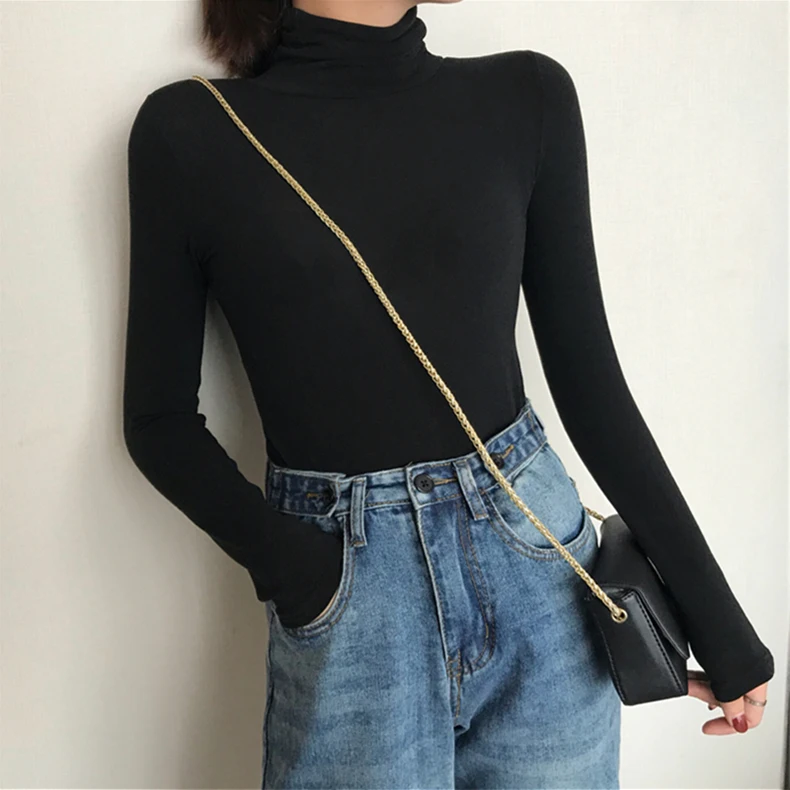 Базовая рубашка с высоким воротником Женская осенне зимняя тонкая облегающая