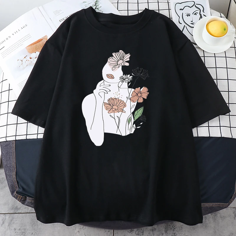 

Современная линия Стиль цветок творчества Мужская футболка Мода 2021 футболки Harajuku Свободные футболки с О-образным вырезом, женская футболка...