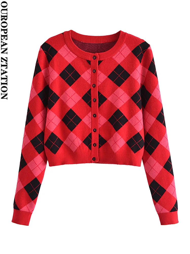 

Женский жаккардовый укороченный вязаный кардиган za, винтажный свитер с круглым вырезом и длинными рукавами, шикарная верхняя одежда, 2021