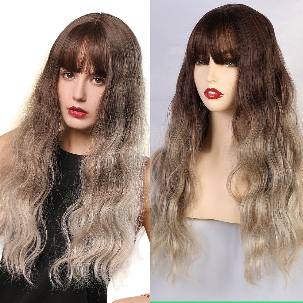 

Blonde Unicorn Synthetic Natural Long Wave Dark Root Ombre White Wigs with Bangs Heat Resistant Fiber Hair Wigs for Women