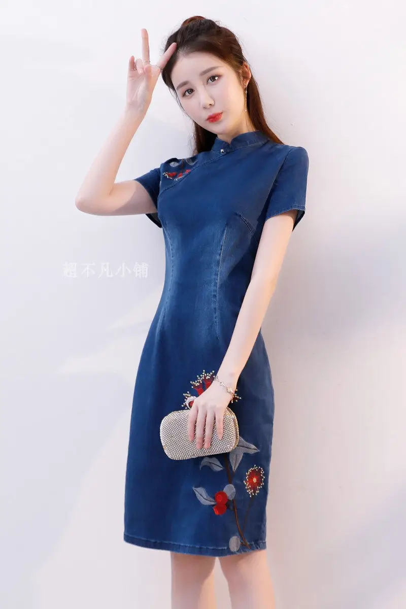 Женское джинсовое платье Ципао облегающее с короткими рукавами и вышивкой в