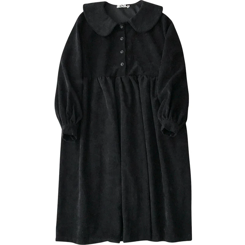 

Korean Fashion Retro Black Midi Dress Women Kawaii Peter Pan Collar Lantern Sleeve Elegant Vintage Casual Corduroy Long Dresses