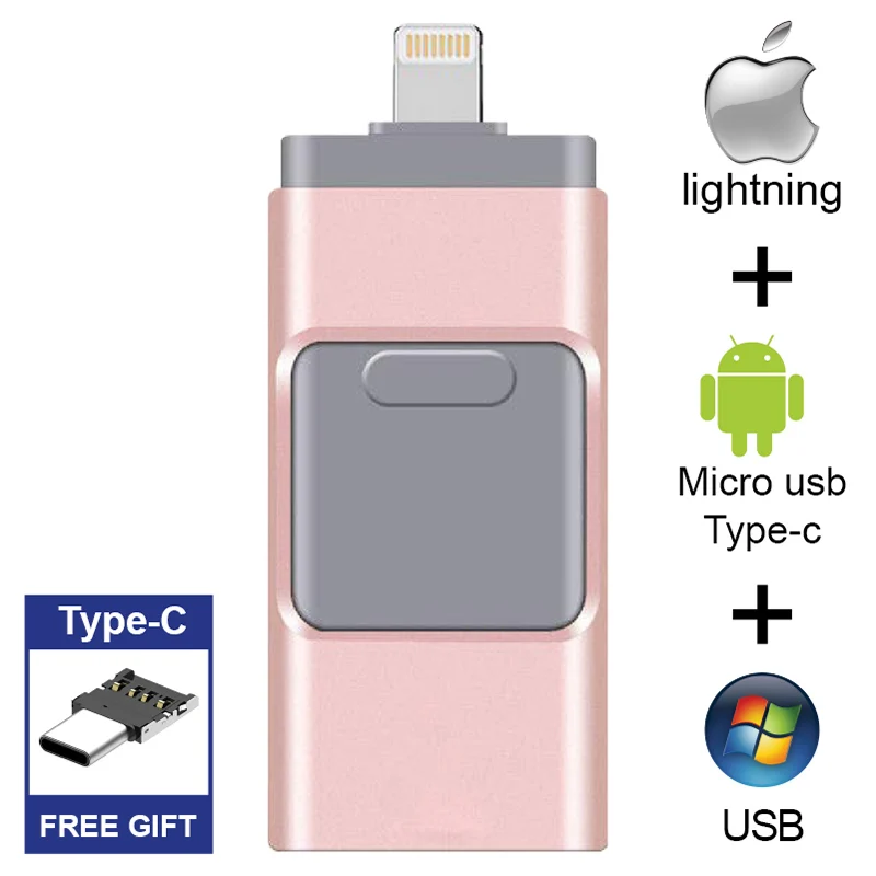 Pink-Type-c Подарок type-C адаптер iOS Usb флэш-накопитель для iPhone/iPad/Android телефон 3,0 USB палка для iPhone6 7 8 X XS флешка - Цвет: Pink-Type-c