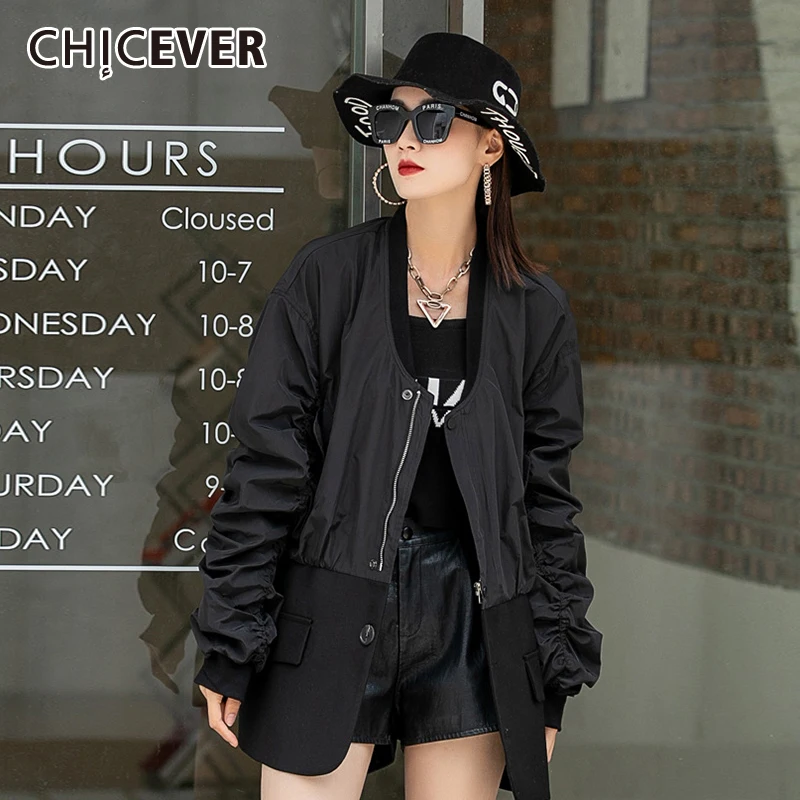 

CHICEVER уличная одежда поддельные две куртки для женщин с v-образным вырезом свободные с длинным рукавом на молнии Лоскутные карманы пальто же...