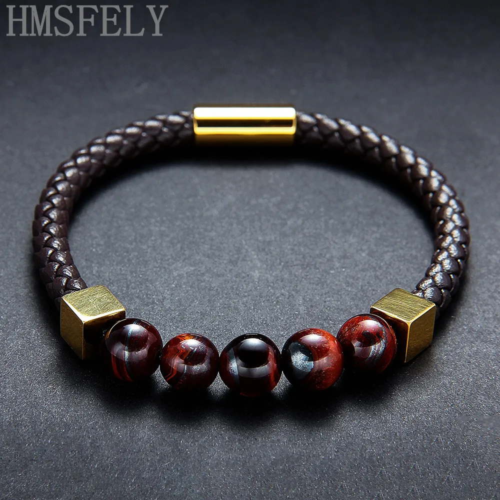 HMSFELY Fashion Men Real Leather Rope Stone Beaded Black Brown Bracelets Stainless Steel Gold Beads Magnetic Bracelet For Men