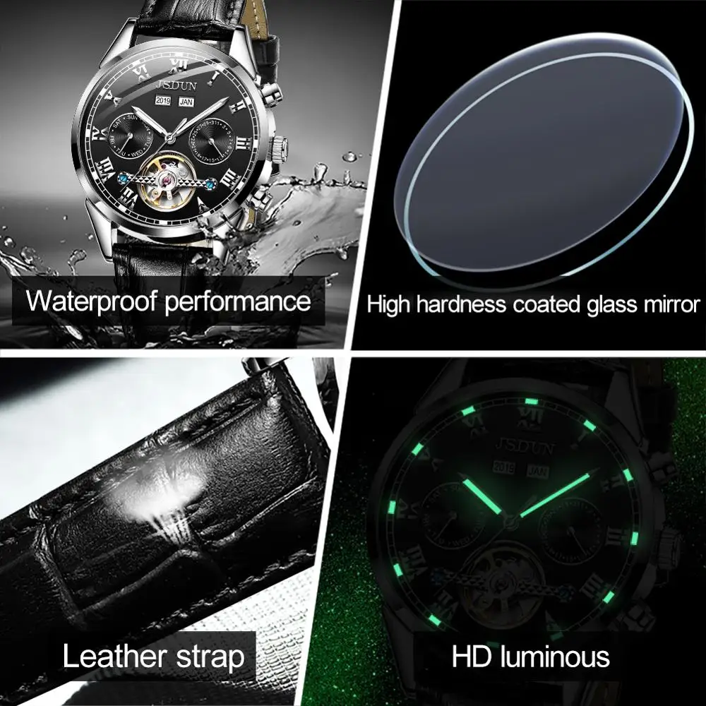 JSDUN Top Brand Men Mechanical Watch Sapphire Automatic watch men Leather 30 ATM Waterproof   Classic Wristwatch  Reloj Hombre enlarge