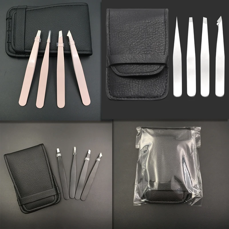 

Set Of 4 Professional Stainless Steel Tweezers With Leather Pouch For Ingrown Hair Eyebrows Plucking Daily Beauty Tool