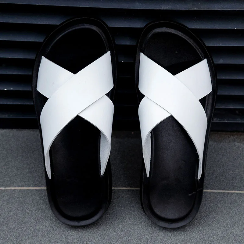 

Italian Leather Slippers For Men 2021 New Hotel Beach Summer Shoes High Quality Big Size 47 Slip On Light Flats Male Flip Flops
