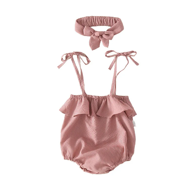 

Baby Girl's Strap Design Thin Vertical Stripes Solid Color Cool Soft Wearing Summer Rompers+Turbans 2PCS Dressing Rompers