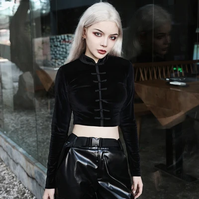

Gothic Lolita Shirt Cool Girl Vintage Cheongsam Black Blouse High Waist Midriff-Baring Should Sexy Loli Fashion Fad Top