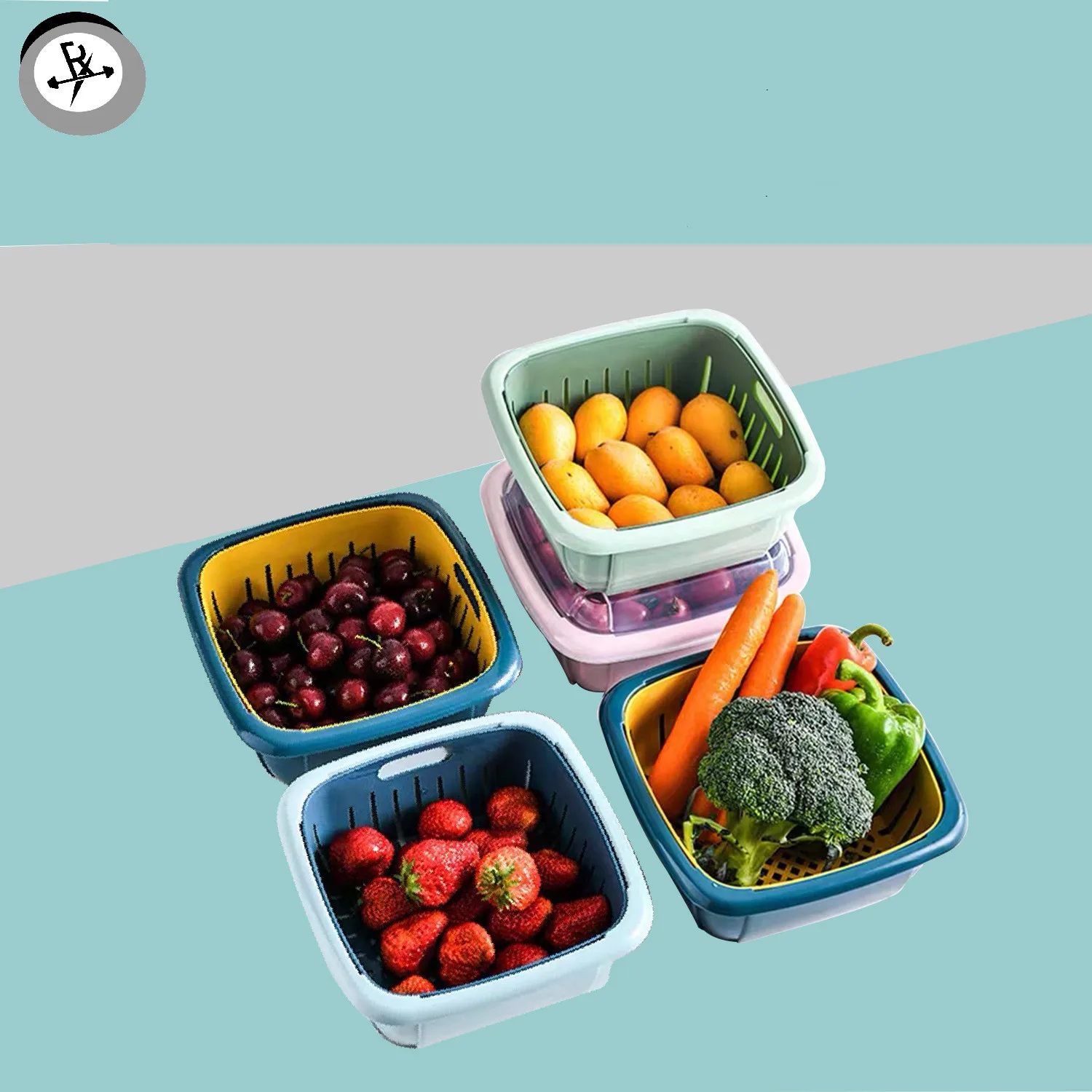 

Plastic drain basket, kitchen vegetable basket, double layer storage box with lid, fruit storage drain basket