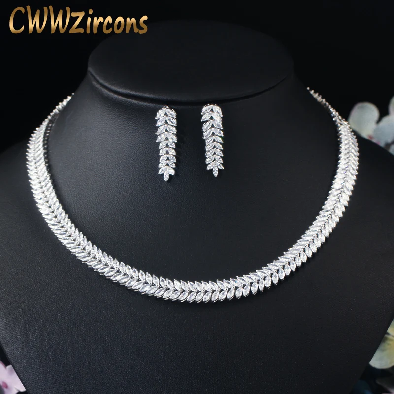 Комплект из колье и серёг с фианитом в форме листьев|necklace earring|bridal necklaceparty jewelry set |