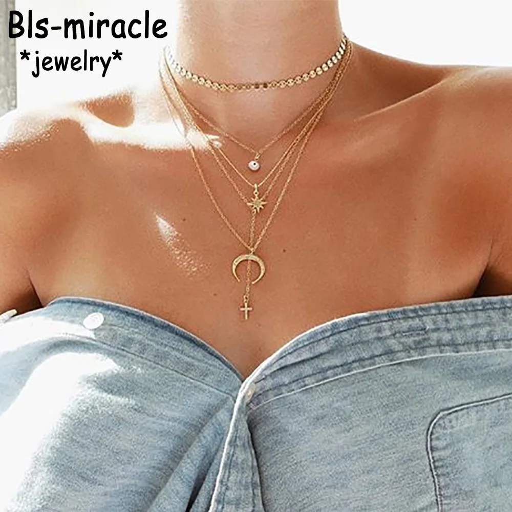 Ожерелье женское многослойное с подвеской в стиле бохо кулон кристаллами