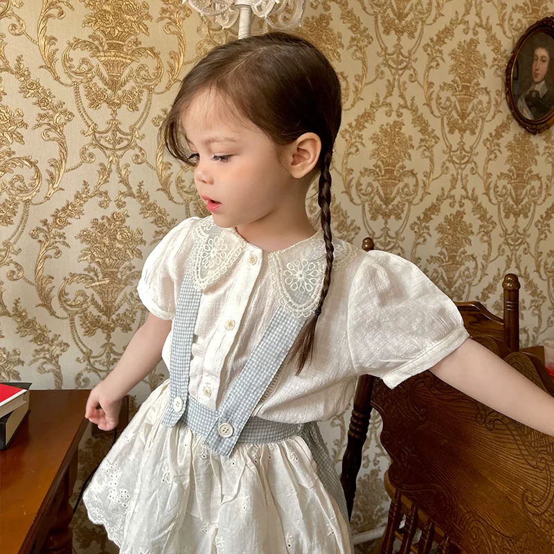 

Summer Girls' Suit Skirt 2021 New Cotton Short Sleeve Baby Collar Top Baby Girl Embroidered Cute Plaids Strap Skirt