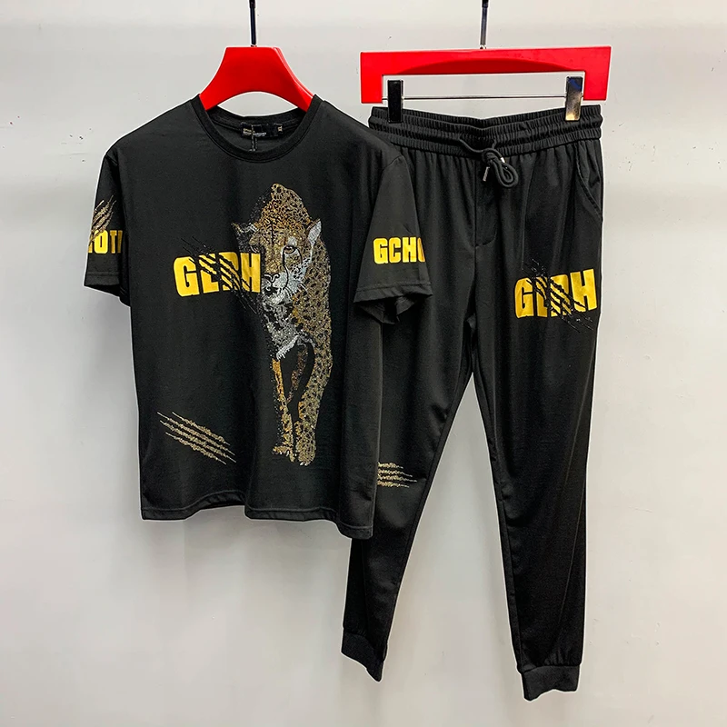 

Men's summer 2021 new casual short sleeve Pants Set hot drilling leopard print letters personalized two piece men's suit