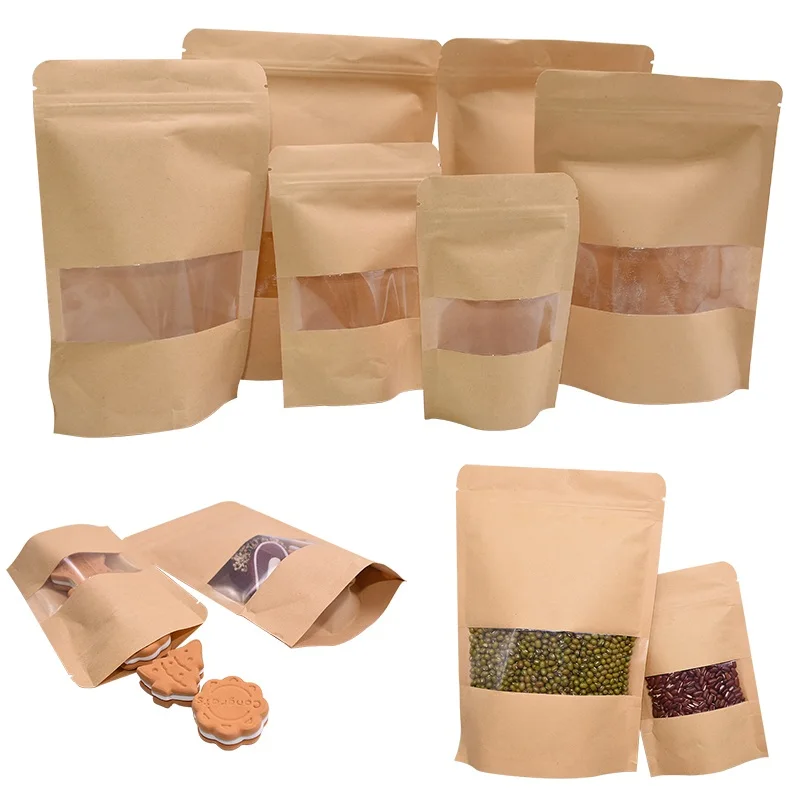 

10Pcs Brown Kraft Paper Gift Candy Bags Zip Lock Inside Wedding Packaging Bag Recyclable Food Bread Boutique Party Shopping Bags