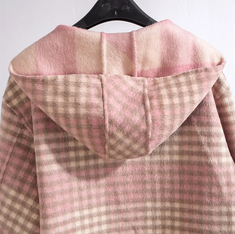 

Cheapest Discount Plaid Wool Coat Women Fashion Hooded Lovly Spring 2021 Long Coats For Woman Stylish Woolen Women's Coat