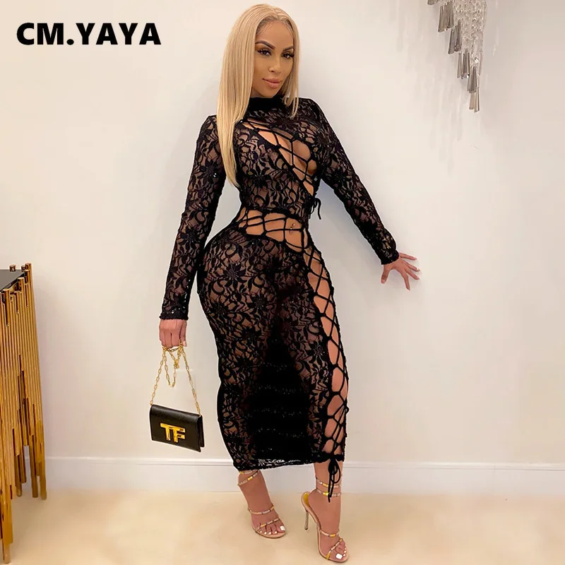 

CM.YAYA Lace See Though Patchwork Lace Up Long Midi Bodycon Dress for Women Sexy Club Party Night Maxi Dresses Pencil Vestidos
