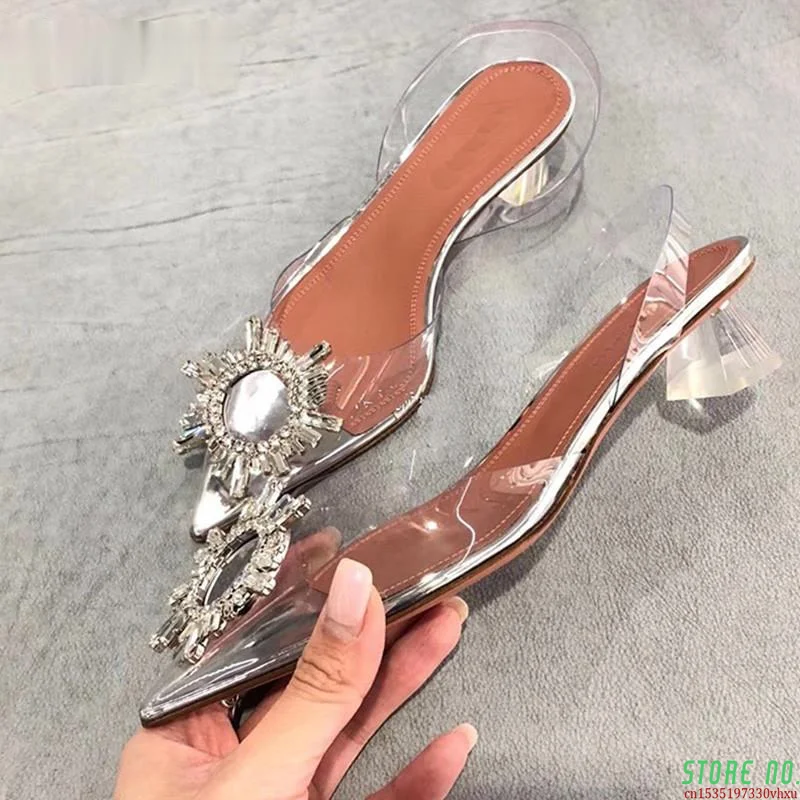 

2021 Summer Women Pumps Transparent Crystal Triangle Heeled Office Lady Shoes High Heels Party Wedding Shoes Woman Sandals 34-45