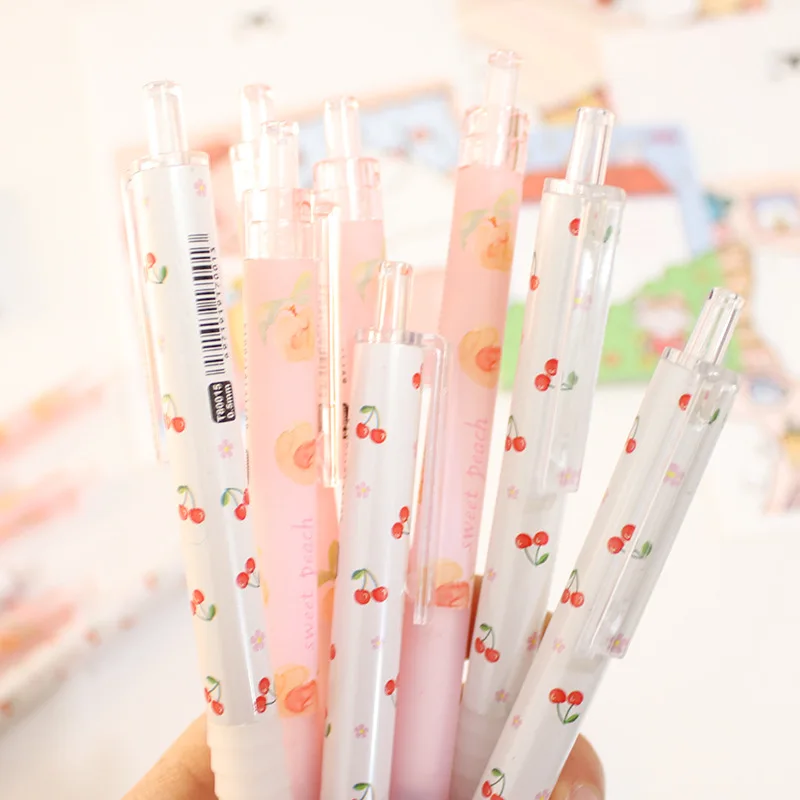 

2Pcs Cute Fruit Push Gel Pen 0.5mm Kawaii Press Marker Black Ink Signature Pen Full Needle Tube for Exam Student Stationery