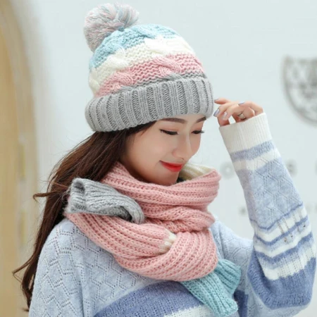 pink HT2677 Толстая теплая зимняя шапка, шарф, набор, женская вязаная шапка и шарф, Женские ветрозащитные зимние аксессуары, вязаная шапка, шарф - Цвет: pink