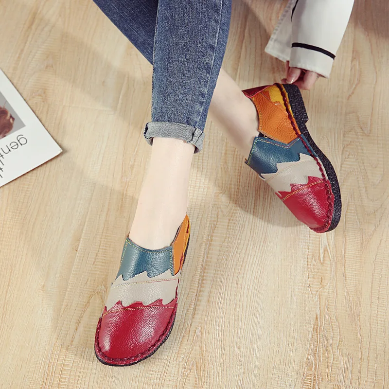 

SNURULAN Genuine Leather Shoes Woman2020 Spring / Autumn Women Retro Loafers Slip-On Woman Shoe Zapatos Mujer Mixed Colors Flats