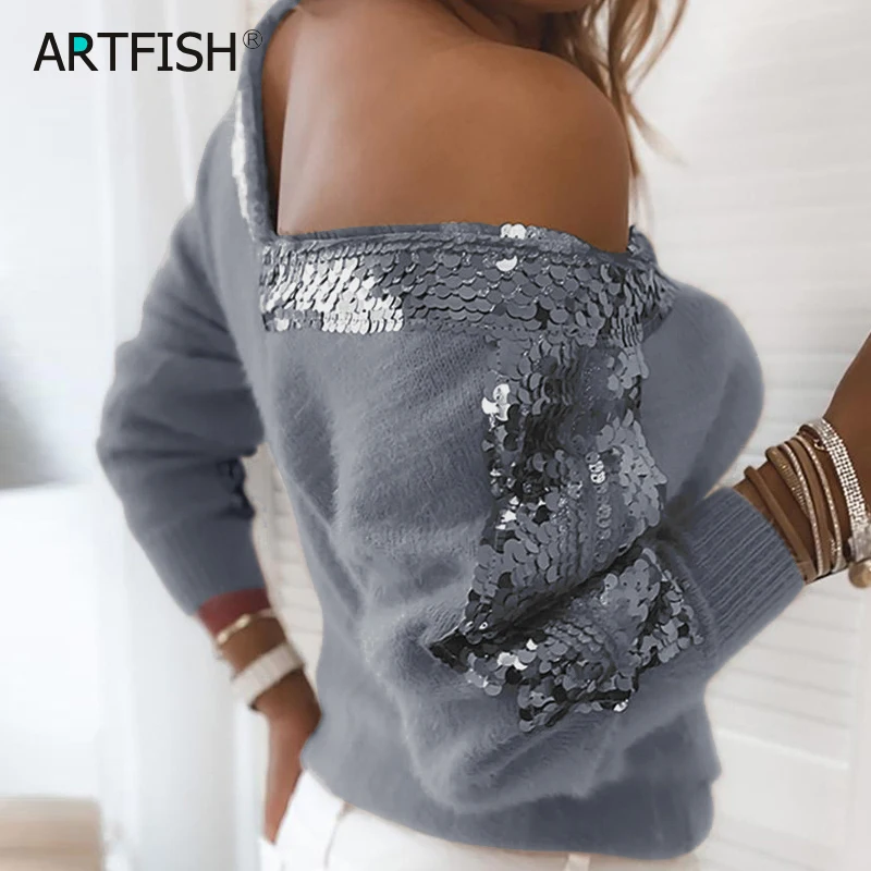 

Женский Зимний Элегантный Однотонный свитер с блестками, Осенний Женский Повседневный свитер с длинным рукавом, сексуальные топы, уличная ...