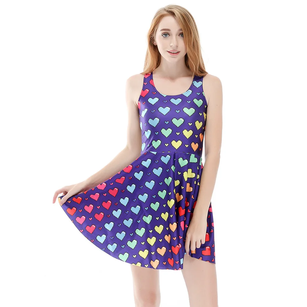 Синий фон Красочные Любовь Цифровая печать плиссированная юбка-Зонтик Горячая |