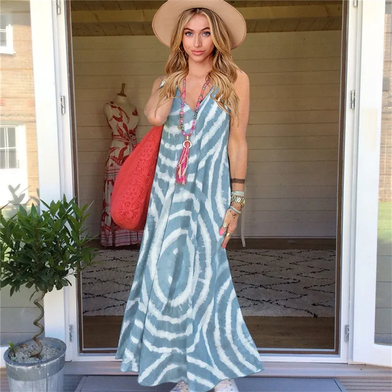 

Womens Long Dress Summer V-neck Boho Maxi Dress Casual Sexy Party Dresses Ladies Spaghetti Strap Bohemian Beach Holiday Sundress