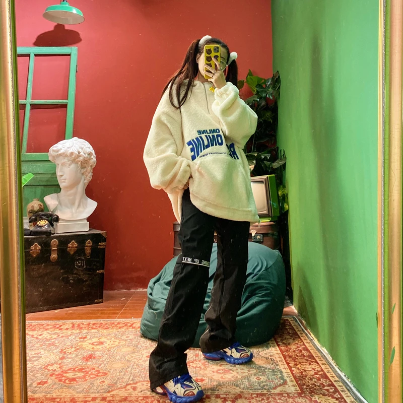 Street hip hop embroidery loose show thin BF boyfriend zipper handsome dark winter overalls pants female trend trousers trouser | Женская